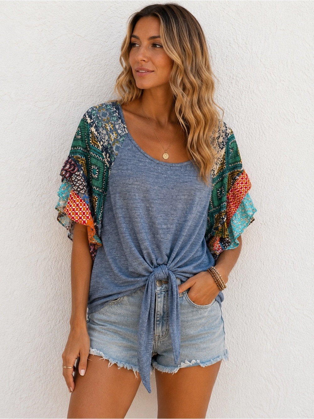 Umgee Blue Tie-Front Scoop Neck Top Multi-Color Flutter Sleeves Boho Small